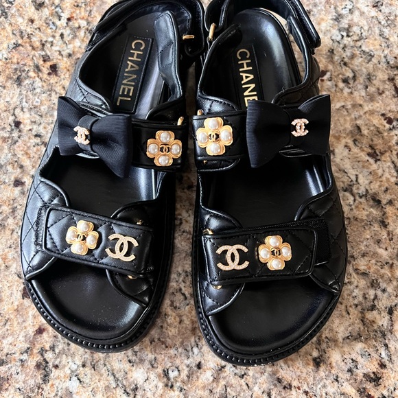 CHANEL Black Leather Sandals